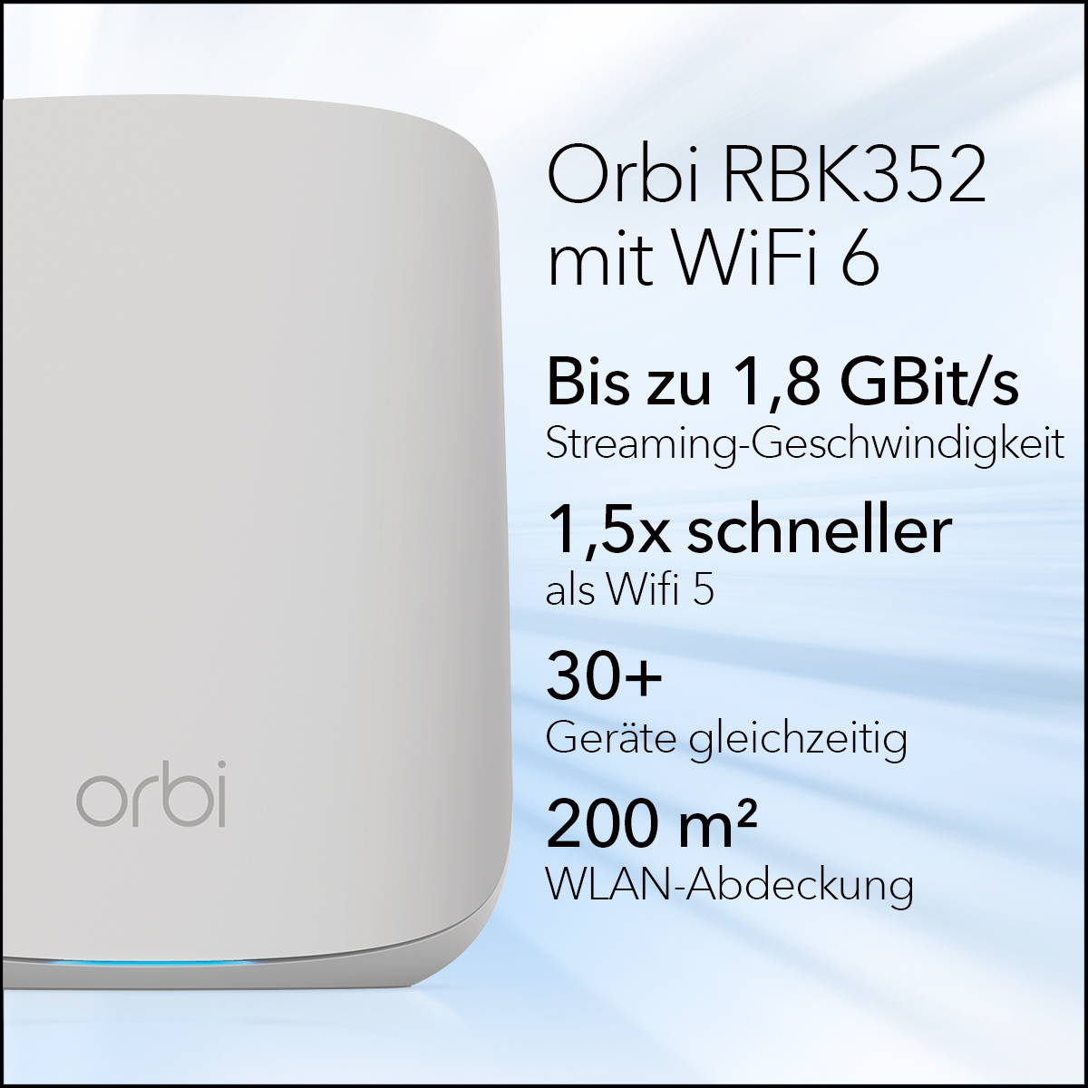 NETGEAR  Orbi RBK352 WiFi 6 Mesh WLAN System (1.8 GBit/s Speed, WiFi 6 Router + Satellit, AX1800 für bis zu 200 m² WLAN-Abdeckung, Smart Roaming für mehrere Stockwerke) 2er Set (RBK352)