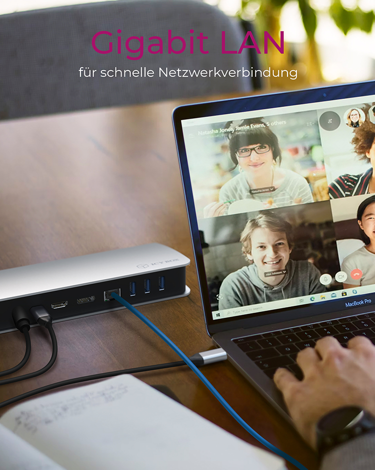 ICY BOX IB-DK2408-C Dockingstation USB Type-C, USB 3.2 Gen 1, HDMI & DisplayPort 4K@60, Gigabit LAN, Kartenleser, 100W PD, Schwarz/Silber, EU