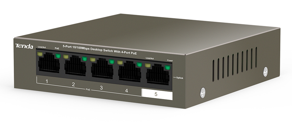 Tenda TEF1105-4-63W Unmanaged Fast Ethernet Switch, 5 Ports (4x PoE 15,4 W), 58 W PoE Gesamtleistung, Desktop-/Wandmontage, Grau