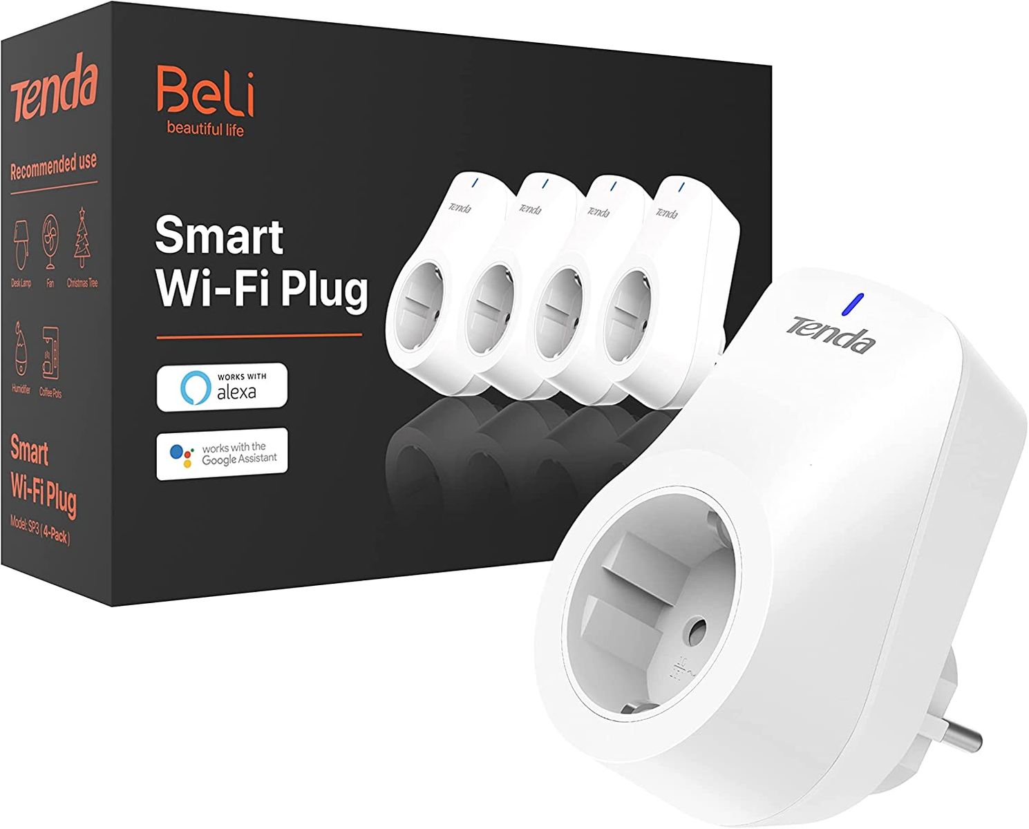 Tenda WLAN Smart Steckdose SP9, 16A Wifi Plug mit Energieverbrauchsanzeige, App- und Sprachsteuerung (Alexa & Google home) , Timer, AwayModus Kinderschutz, 4er pack (Nur 2.4GHz WiFi) Mit Energieverbrauchsanzeige 4er Pack 16a