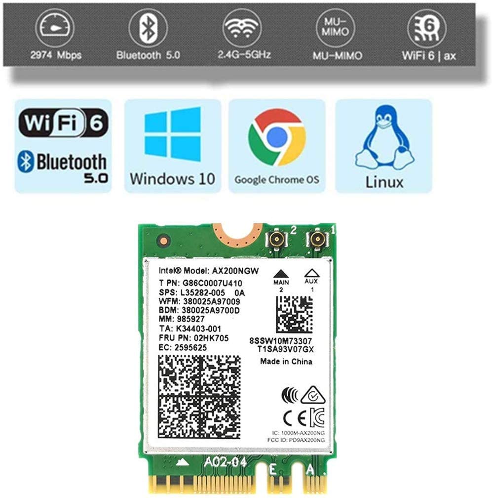 OSGEAR Intel Dual Band Wireless AX200NGW Intel WLAN/Wi-Fi 6 AX200 2230 2x2 AX+ Bluetooth 5.0, M.2/A-E Key (AX200.NGWG.NV) Wi-Fi 6 AX200, 2.4GHz/5GHz WLAN, Bluetooth 5.0, M.2/A-E Key 802.111 AX