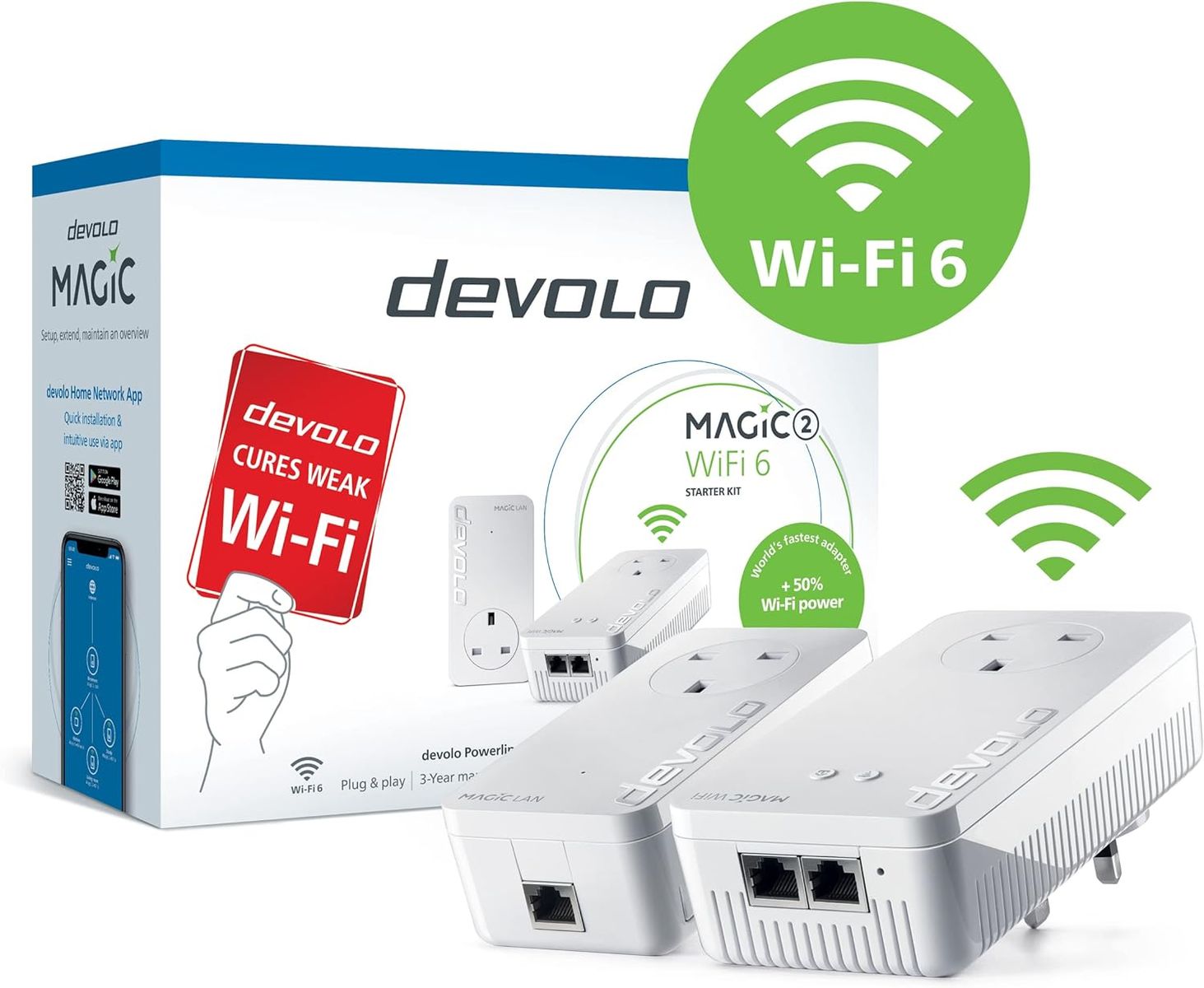 Devolo Magic 2-2400 WiFi 6 8951 Powerline Starter Kit, bis zu 2400 Mbps Powerline & 1800 Mbps Mesh WiFi 6, 3x Gigabit LAN, G.hn, Weiß