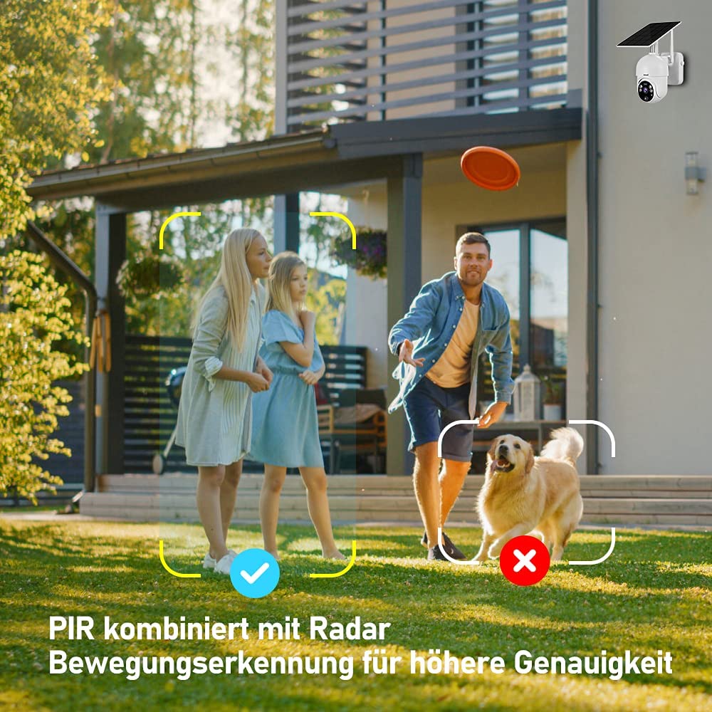 JideTech Solar Überwachungskamera Aussen Akku 14400mAh, 2MP PTZ WiFi Dome WLAN Kamera mit Solarpanel,PIR und Radar Erkennung, Farb-Nachtsicht, 2-Wege-Audio 20M Nachtsicht, SD-Kartenslot 1 Stück (1er Pack)