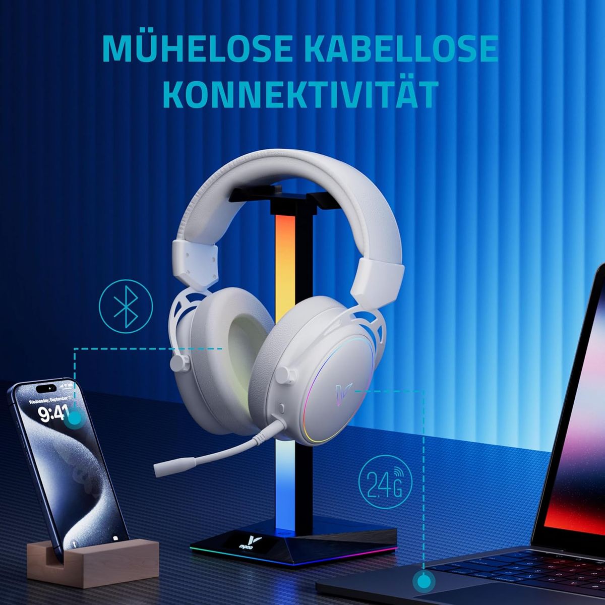 Rapoo VH800 kabelloses Gaming Over-Ear Headset, Flexibles Mikrofon mit Stummschaltung, Ohrpolster Kunstleder, 46h Akku, Headphone Bluetooth und 2,4Ghz PC/Mac/Xbox One/PS4/Nintendo Switch - White