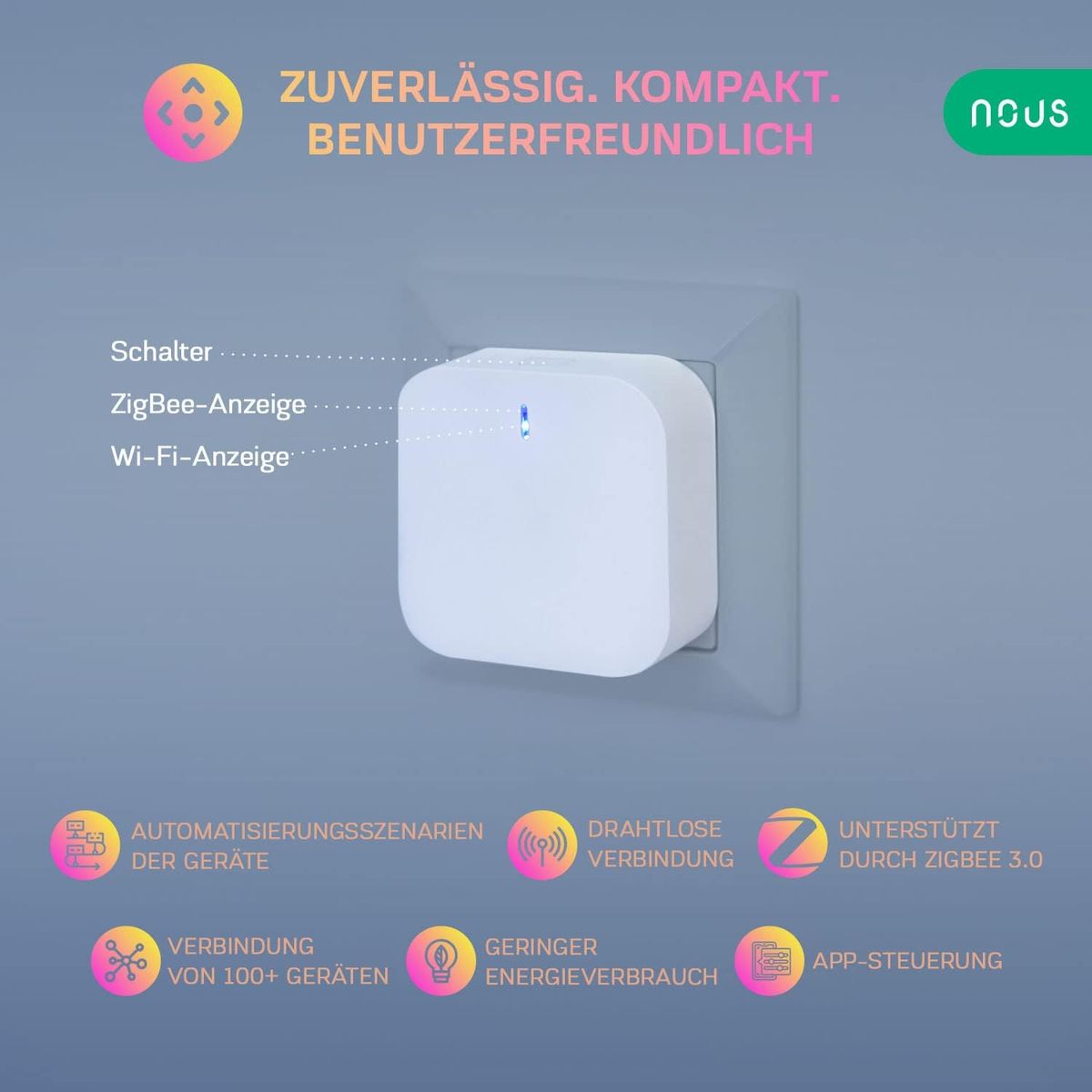 NOUS E1 ZigBee Gateway, ZigBee Hub/Bluetooth Hub, ZigBee Bridge, ZigBee Smart Home, ZigBee Gateway Alexa, Gateway ZigBee Smart Home, ZigBee 3.0, Bluetooth, Smart Life/Tuya App
