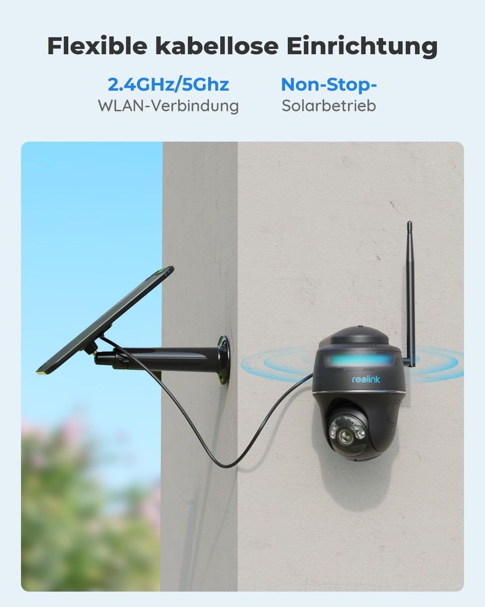 Reolink Argus PT+SP-B 5MP Solar-Überwachungskamera Akku, 355°/140° schwenkbar, 2,4/5GHz WLAN, Farbnachtsicht, Personen-/Fahrzeug-/Tiererkennung, Outdoor, mit Solarpanel
