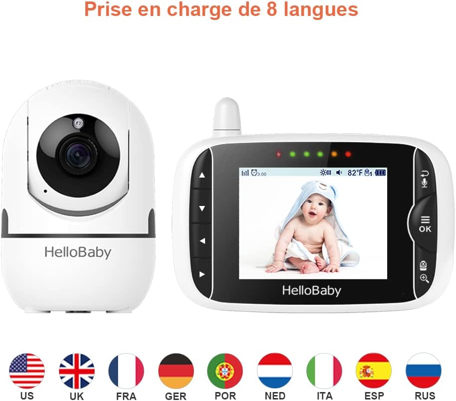 Hellobaby Babyphone Kamera, 3,2 Zoll Baby Phone mit Videokamera, 360° PTZ Babykamera Überwachung mit VOX, Nachtsicht, Temperatursensor, bidirektionales Audio, Videotelefon für Babys