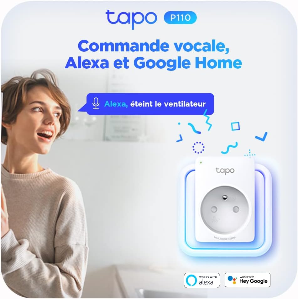 TP-LINK Tapo WLAN-Steckdose, Verbrauchsverfolgung, Plug-Type E, kompatibel mit Alexa und Google, Steuerung des Ventilators, der Klimaanlage, Energieeinsparung, Sprachsteuerung
