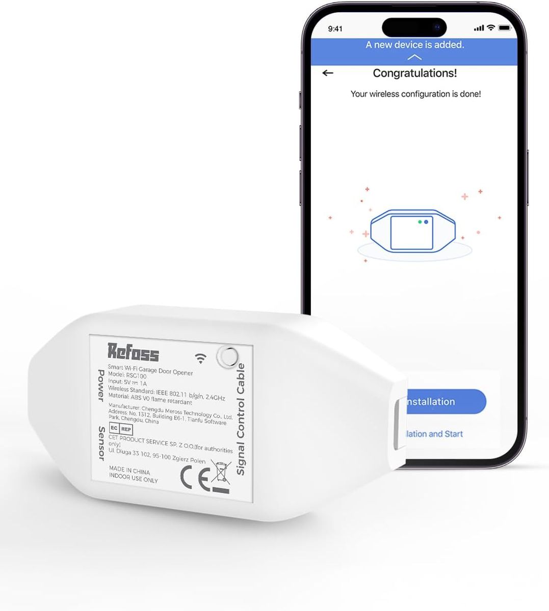 Refoss RSG100 Smart Garagentoröffner, WLAN 2,4 GHz, App-Steuerung, Alexa & Google kompatibel, Kein Hub erforderlich, Steckertyp C (EU)