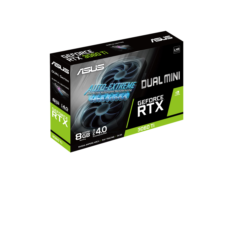 ASUS Dual GeForce RTX 3060 Ti V2 MINI Grafikkarte, 8 GB GDDR6, PCIe 4.0, HDMI 2.1, 3x DisplayPort 1.4a, 4864 CUDA, 200 mm