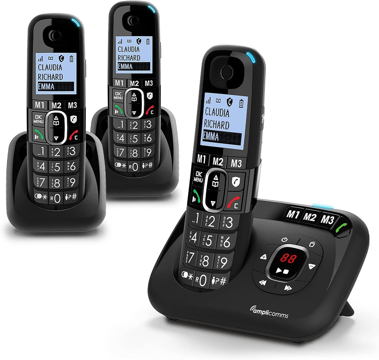 Amplicomms BigTel 1583 Trio schnurloses DECT- Großtastentelefon-Set, Anrufbeantworter, 3 Mobilteile, extra Laute Klingeltöne, Hörgerätekompatibel