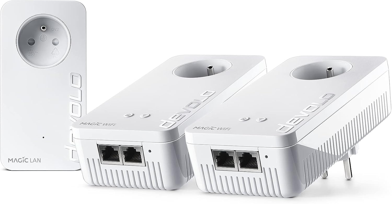 devolo Magic 2 WiFi 6 (ax) Multiroom-Kit: 3 PLC-WLAN-Adapter, Gigogne-Stecker (2400 Mbit/s, Mesh, 5 Gigabit-Ethernet-Ports), ideal für Telearbeit und Streaming, französischer Stecker