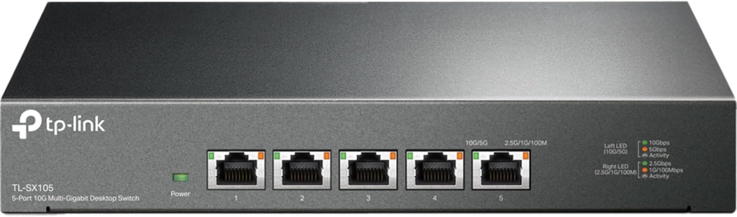 TP-Link Omada TL-SX105 5-Port 10G Desktop-/Rack-Switch, 5x 10G RJ45, lüfterlos, Metallgehäuse, Auto-Negotiation, 100 Gbit/s Switching, EU