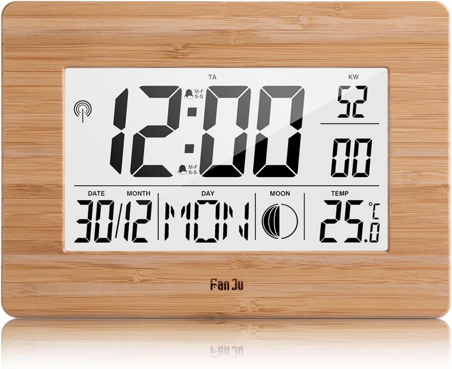 FanJu FJ3530 Digital Wecker Funk Batteriebetriebener Groß Tischuhr mit Extra Großem Display | Innentemperatur | Mondphase | Schlummerfunktion | Calendar Wecker für Zu Hause.