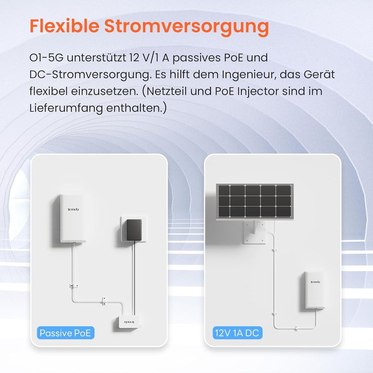 Tenda O1-5G Kit Outdoor WLAN Bridge Point-to-Point CPE 5 GHz 867 Mbit/s, 9 dBi Richtantenne, Passive PoE, 1 km Reichweite, IP65, Zentrales Management, 2er Pack, EU