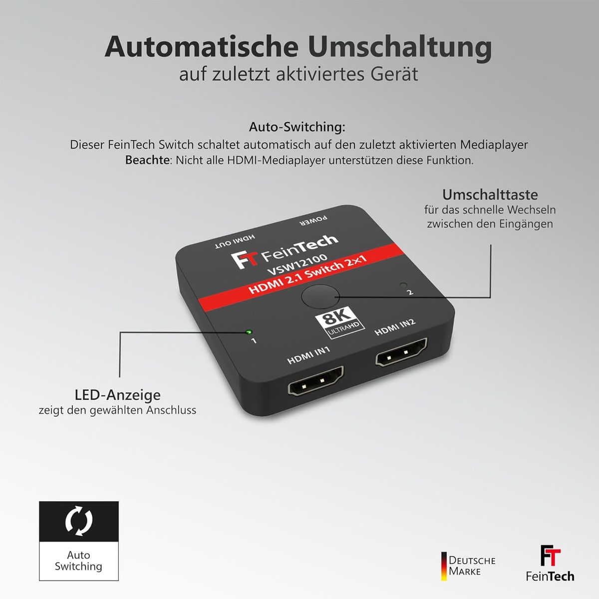 FeinTech VSW12100 HDMI 2.1 Switch 2x1, 8K60 / 4K120, HDR10+/Dolby Vision, VRR & ALLM, 48Gbps, für PS5 & Xbox, USB-Stromoption