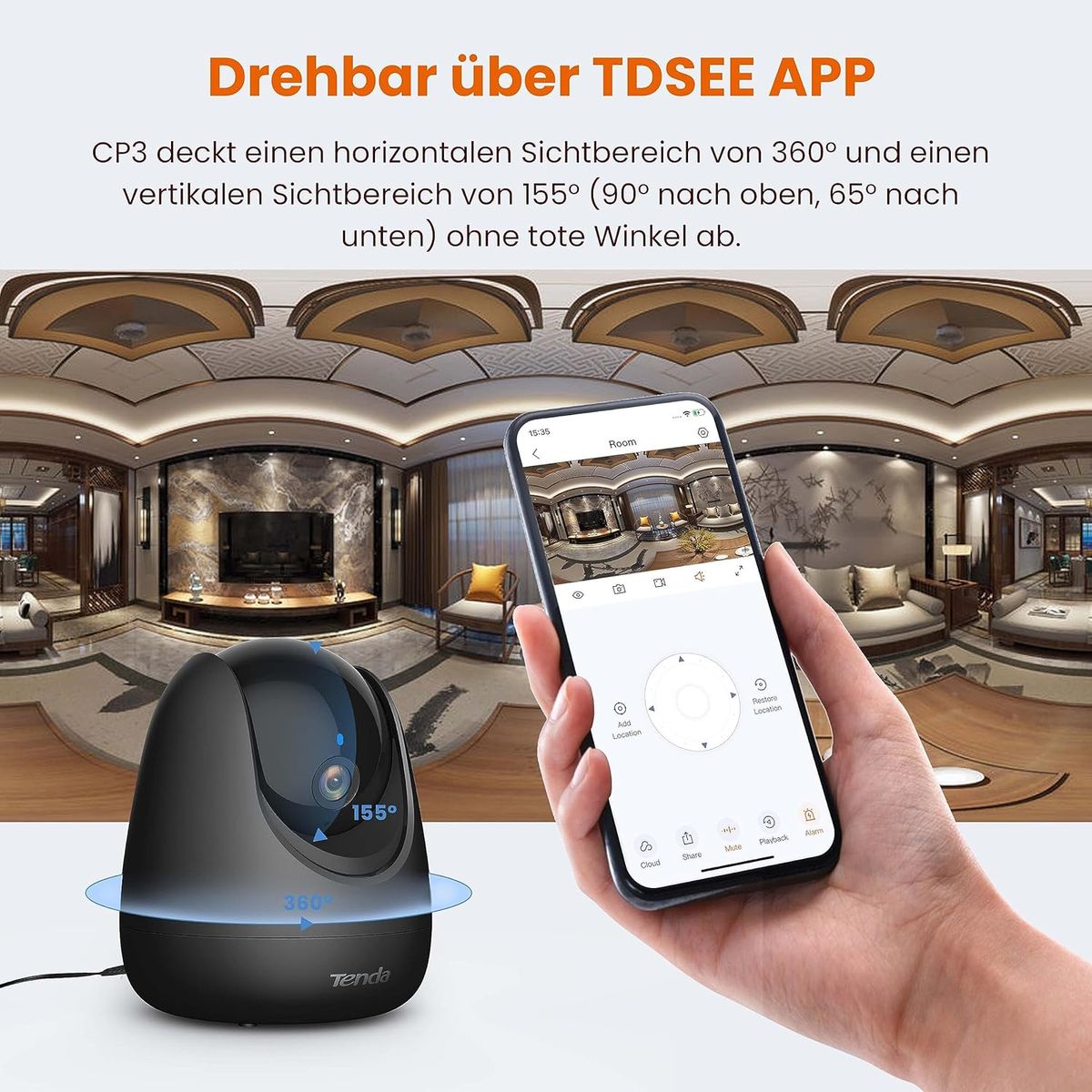 Tenda Überwachungskamera Innen CP3 V2.2, 360 Grad WLAN IP Kamera, 2-Wege-Audio, 1080P, Nachtsicht, Ton & Licht Alarm, Bewegungsverfolgung, Haustierkamera für Hund/Katze, Baby Kamera, Alexa, Schwarz CP3 Schwarz