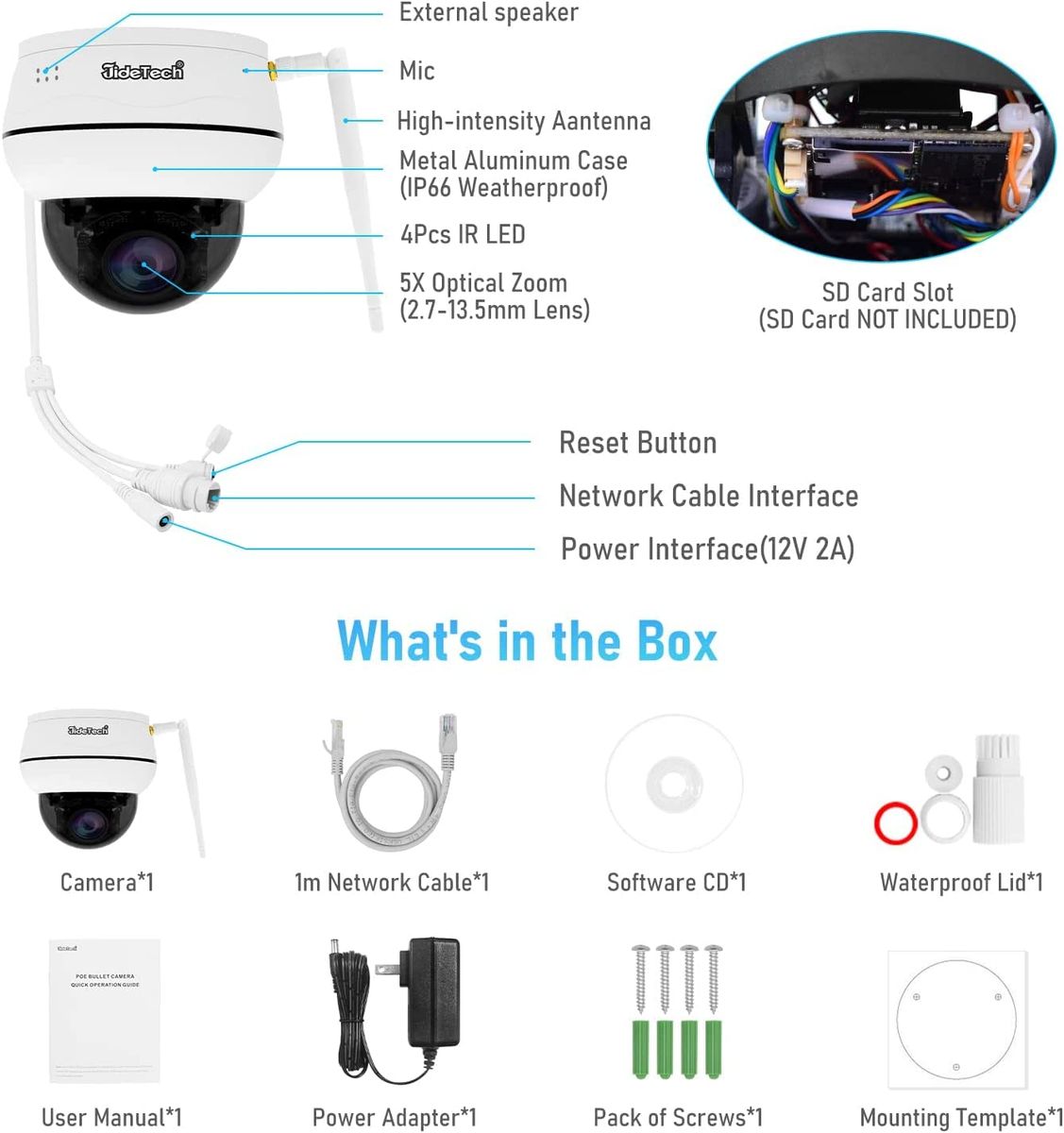 JideTech PTZ WiFi Überwachungskamera aussen,5MP Dome IP Auto Tracking Kamera mit 5X Optischer Zoom,2 Wege Audio,IP66 wasserdicht, 30M Nachtsicht,Unterstützung 128G SD Karte, P1 Plus-5MP-WF P1 Plus-5x-5MP WIFI Single