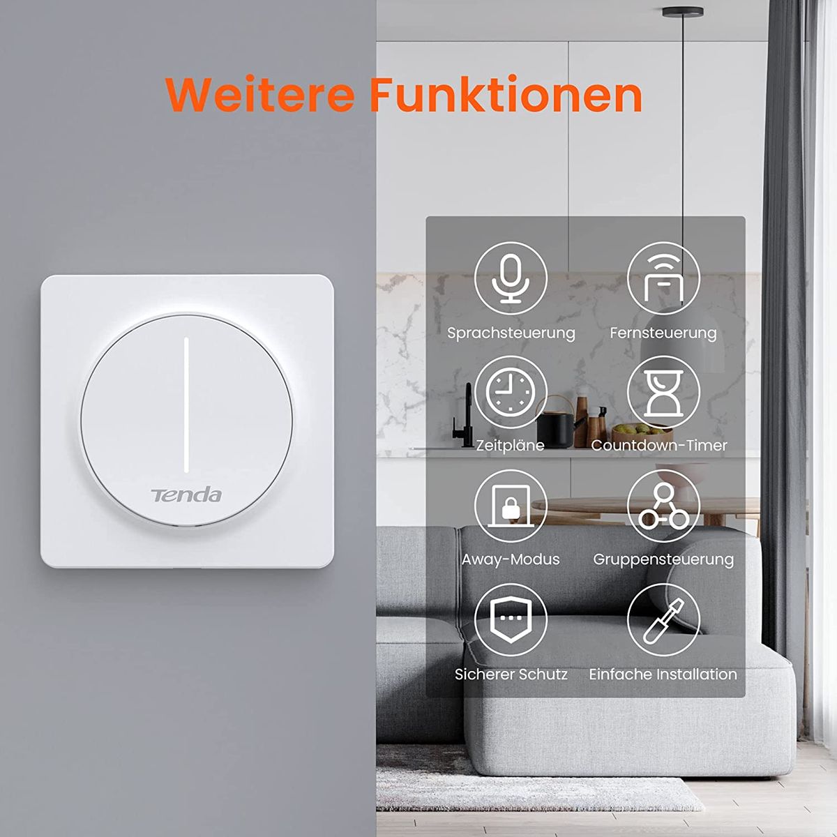 Tenda SS9 Smart Dimmer Lichtschalter- Intelligenter WLAN Lichtschalter mit Touch Panel and Timer, APP/Voice Control, kompatible mit Alexa and Google, Wandschalter, einpolig, benötigt Neutralleiter SS9 dimmbar