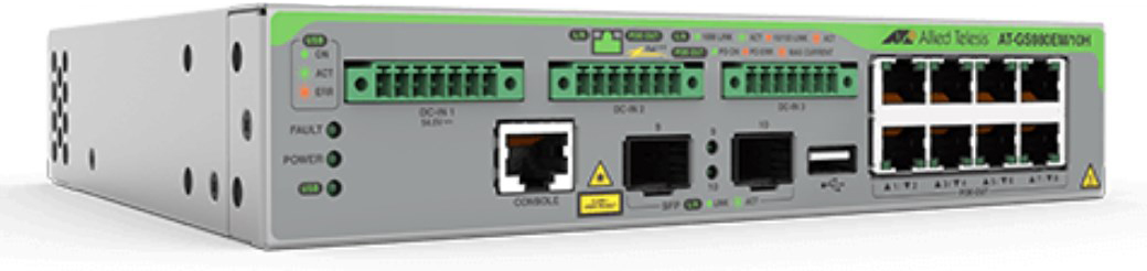 Allied Telesis AT-GS980EM/10H Managed L3 Switch, 8x Gigabit PoE+ Ports, 1U Rack, 24 Gbit/s Switching, 90W PoE, Grau
