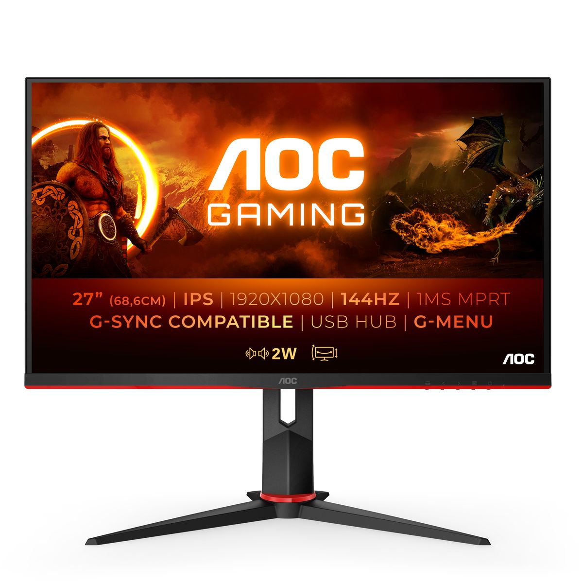AOC Gaming 27G2U - 27 Zoll FHD Monitor, 144 Hz, 1ms, FreeSync Premium (1920x1080, HDMI, DisplayPort, USB Hub) schwarz / rot