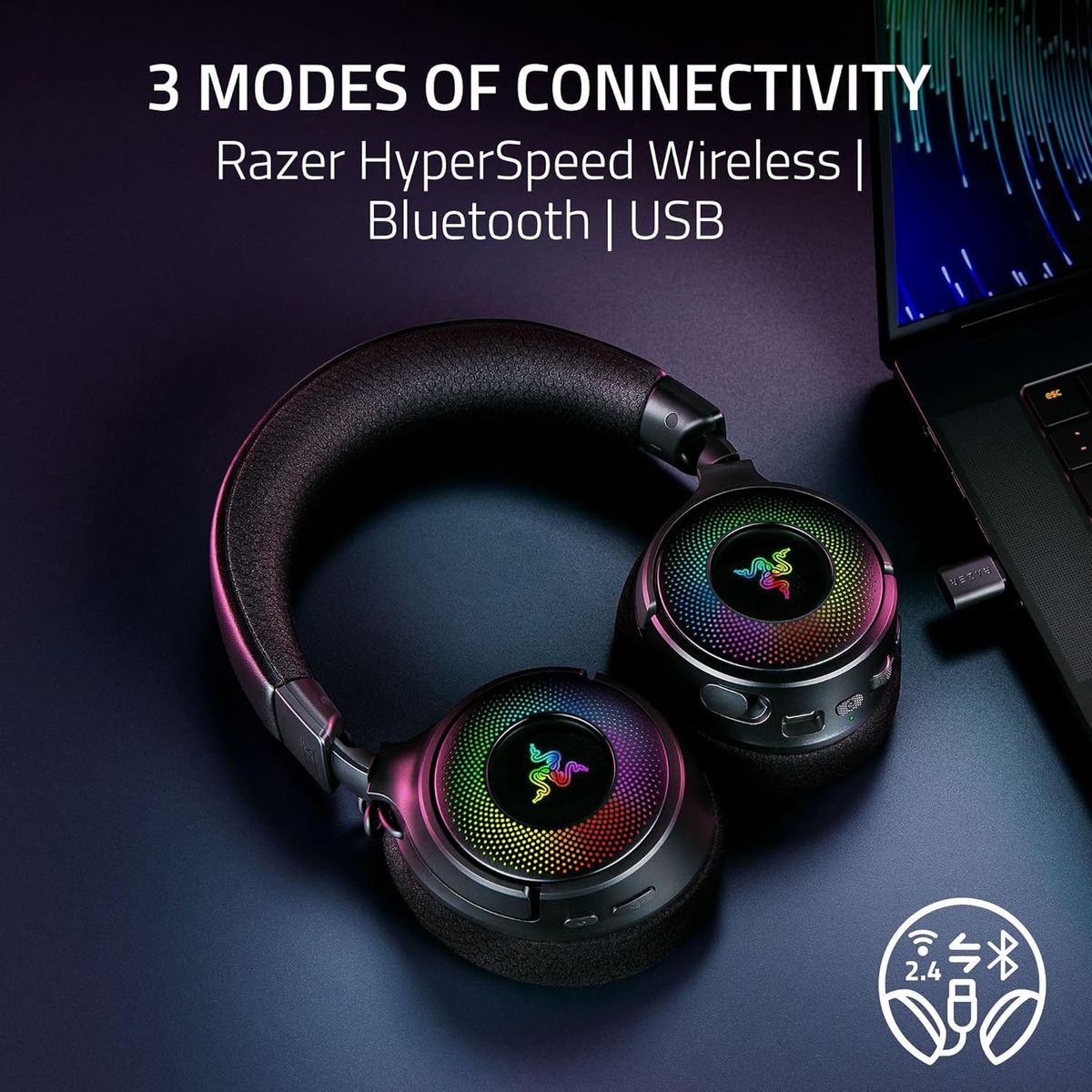 Razer Kraken V4 Kabelloses Gaming-Headset, 2.4 GHz Wireless + Bluetooth 5.3 + USB, Triforce 40 mm Treiber, 9‑Zonen RGB, THX Spatial Audio, Retraktables Mikrofon, Schwarz