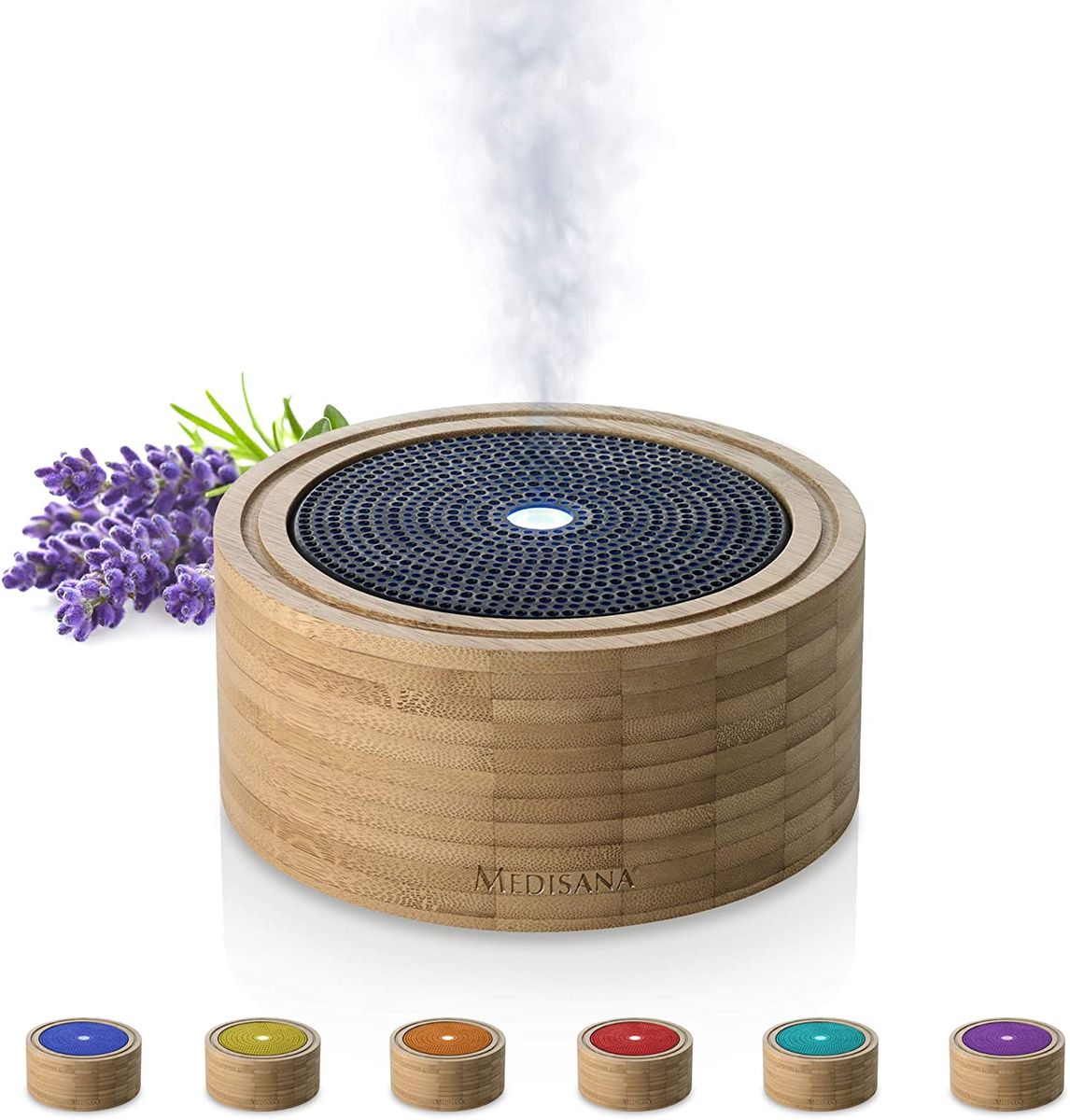 Medisana AD 625 aroma diffuser made of bamboo, nebulizer made of wood with wellness light in 6 colors, for essential fragrance oils, fragrance lamp with timer, 100 ml