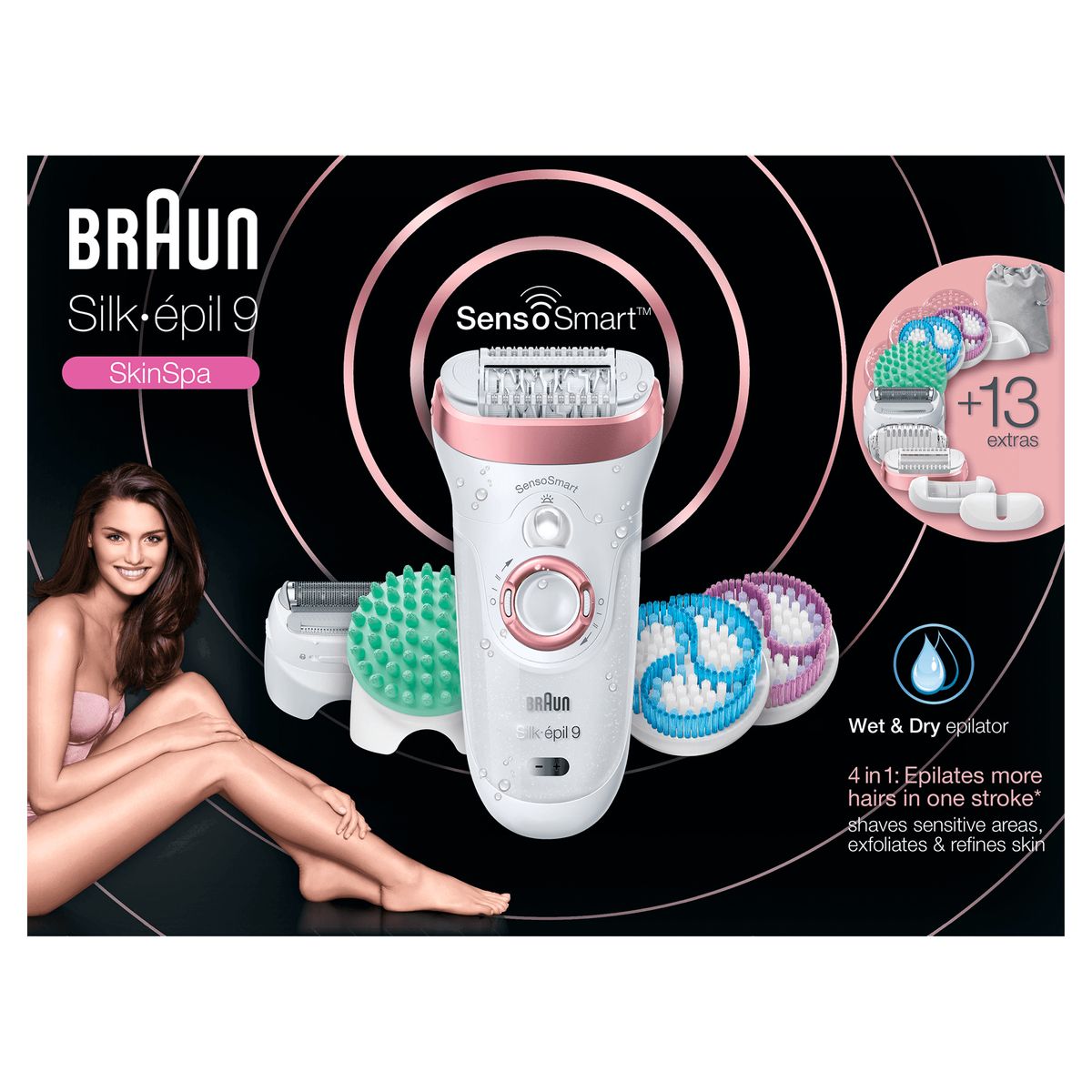 Braun Silk-epil 9 beauty set epilator ladies for hair removal attachments for shaver exfoliation massage for body 9-990 rose/gold single