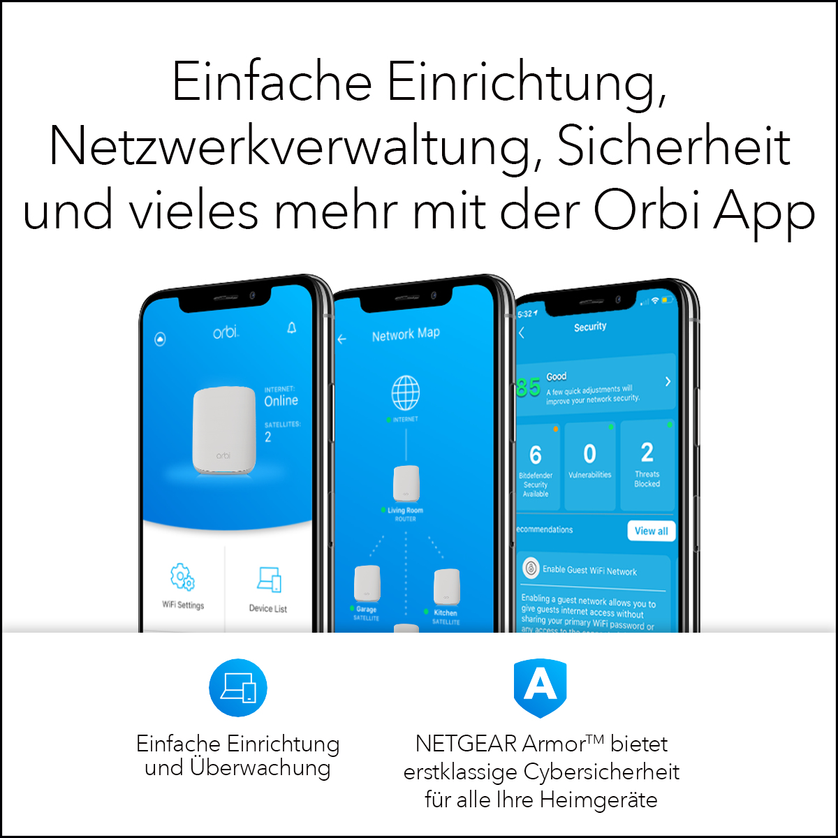 NETGEAR  Orbi RBK352 WiFi 6 Mesh WLAN System (1.8 GBit/s Speed, WiFi 6 Router + Satellit, AX1800 für bis zu 200 m² WLAN-Abdeckung, Smart Roaming für mehrere Stockwerke) 2er Set (RBK352)