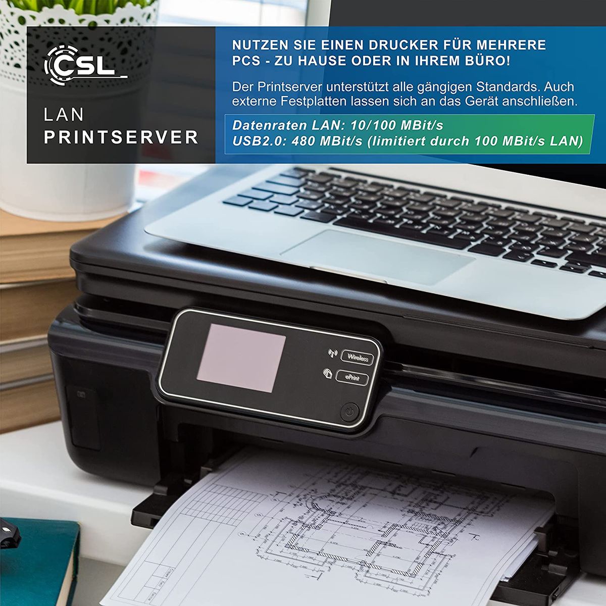 CSL LAN Printserver Druckerserver - Fast Ethernet - USB2.0 High Speed - LRP Print Server für Windows – Netzwerk USB zu RJ45 - DHCP fähig, TCP/IP – inkl. Netzteil und Ethernetkabel – Neues Modell