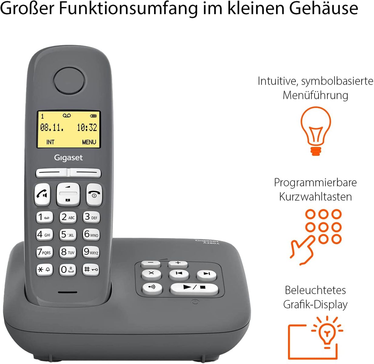 Gigaset A280A Duo 2 Schnurlose Telefone Anrufbeantworter brillante Audioqualität auch beim Freisprechen intuitive symbolbasierte Menüführung Kurzwahltasten Grafik-Display