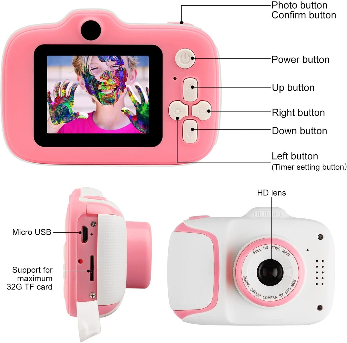 Etpark Fotocamera Bambini, Fotocamera Digitale per Bambini Schermo HD da 2 pollici 1080P anteriori e posteriori Selfie e videocamera per bambini di 3-12 anni Rosa