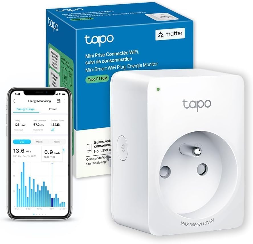 TP-Link Tapo Matter WLAN-Steckdose, Verbrauchsverfolgung, 16 A Typ E, funktioniert mit Alexa, Steuerung des Heizkörpers, Heizung, Energieeinsparung, Tapo P110MA (FR)