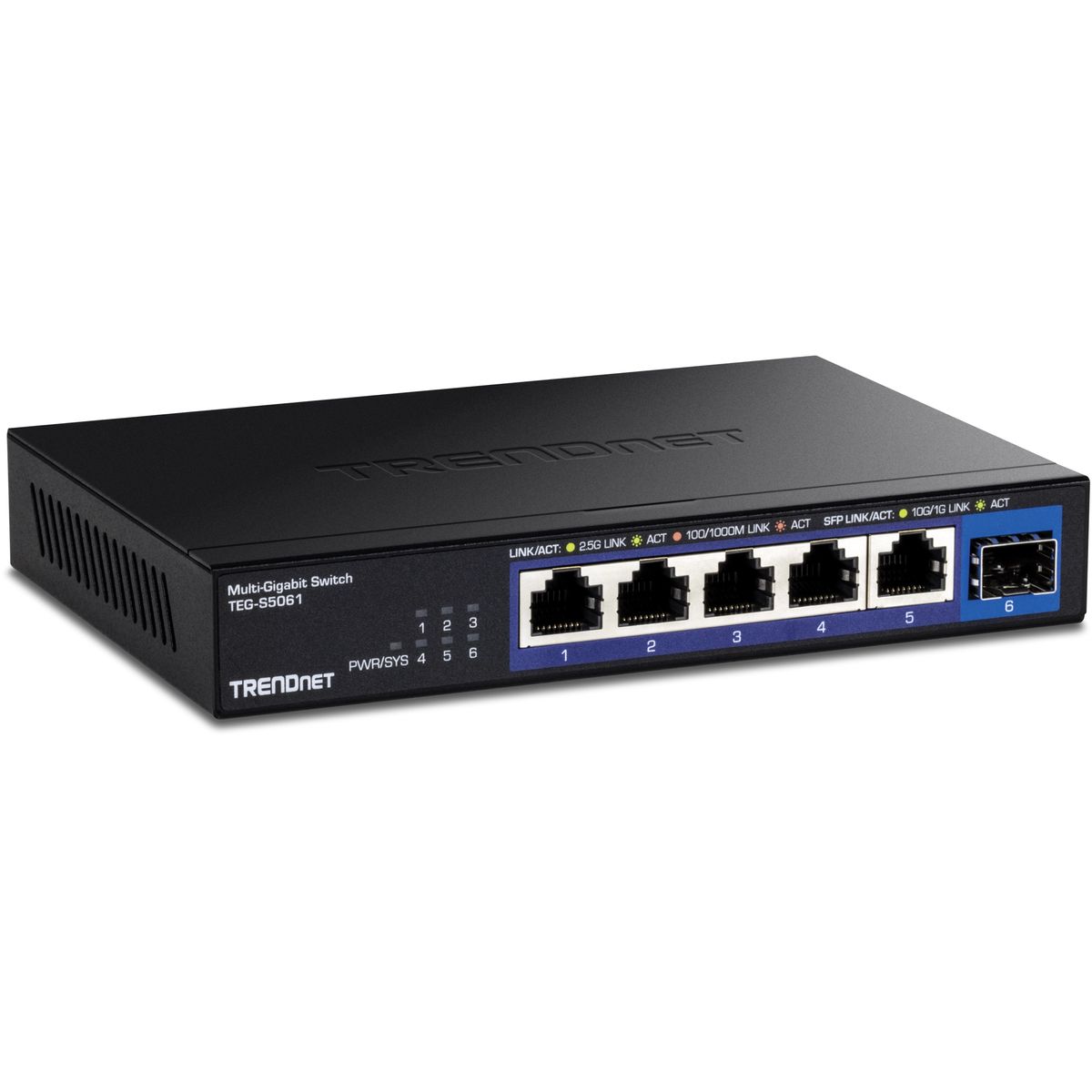 Trendnet TEG-S5061 Unmanaged 5-Port 2.5G Netzwerk-Switch, 1x SFP+, 10G-Unterstützung, Lüfterlos, Wandmontage, Schwarz, 12V