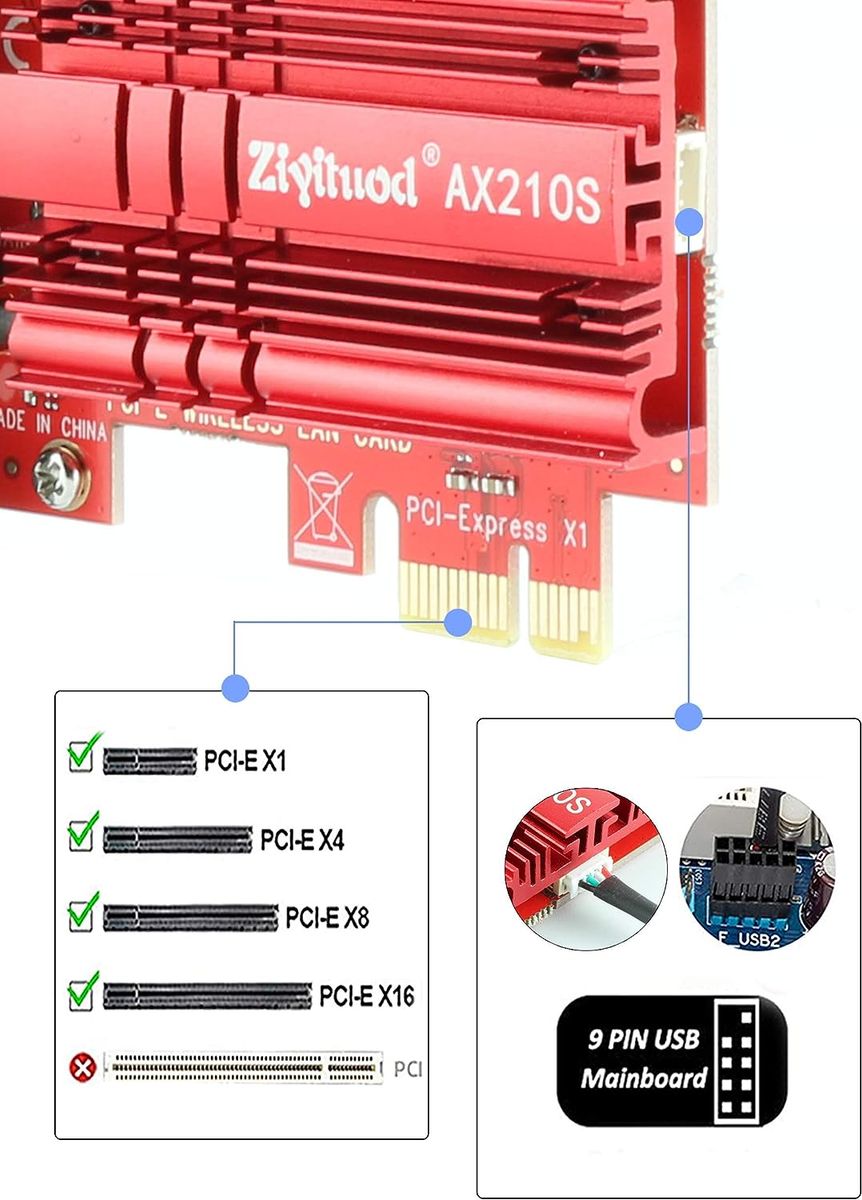 Ziyituod ZYT WLAN Karte, Intel AX210 Bluetooth5.2, Bis zu 5400Mbit/s Tri-Bands(6G/5G/2.4G) WLAN PCIe WiFi 6 Karte für Windows 11/10(64bit)