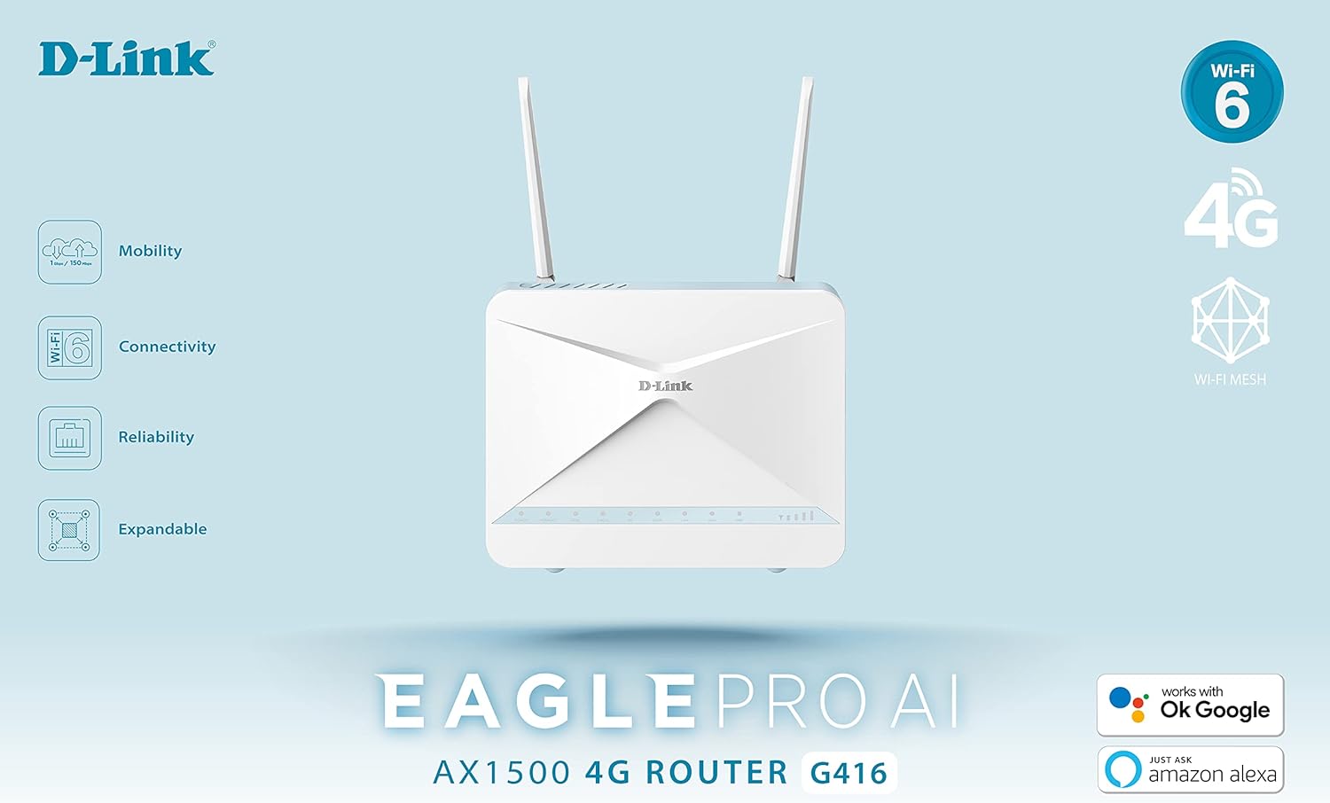 D-Link G416/E Eagle PRO AI AX1500 4G+ Smart Router (4G+ LTE Cat 6 Download bis zu 300Mbps, Wi-Fi 6, AI Wi-Fi/Traffic Optimiser, Gigabit Ports, WPA3, Wi-Fi Mesh Support, ohne Simlock), Weiß Router|4G+/LTE|WiFi 6|Gigabit Ethernet