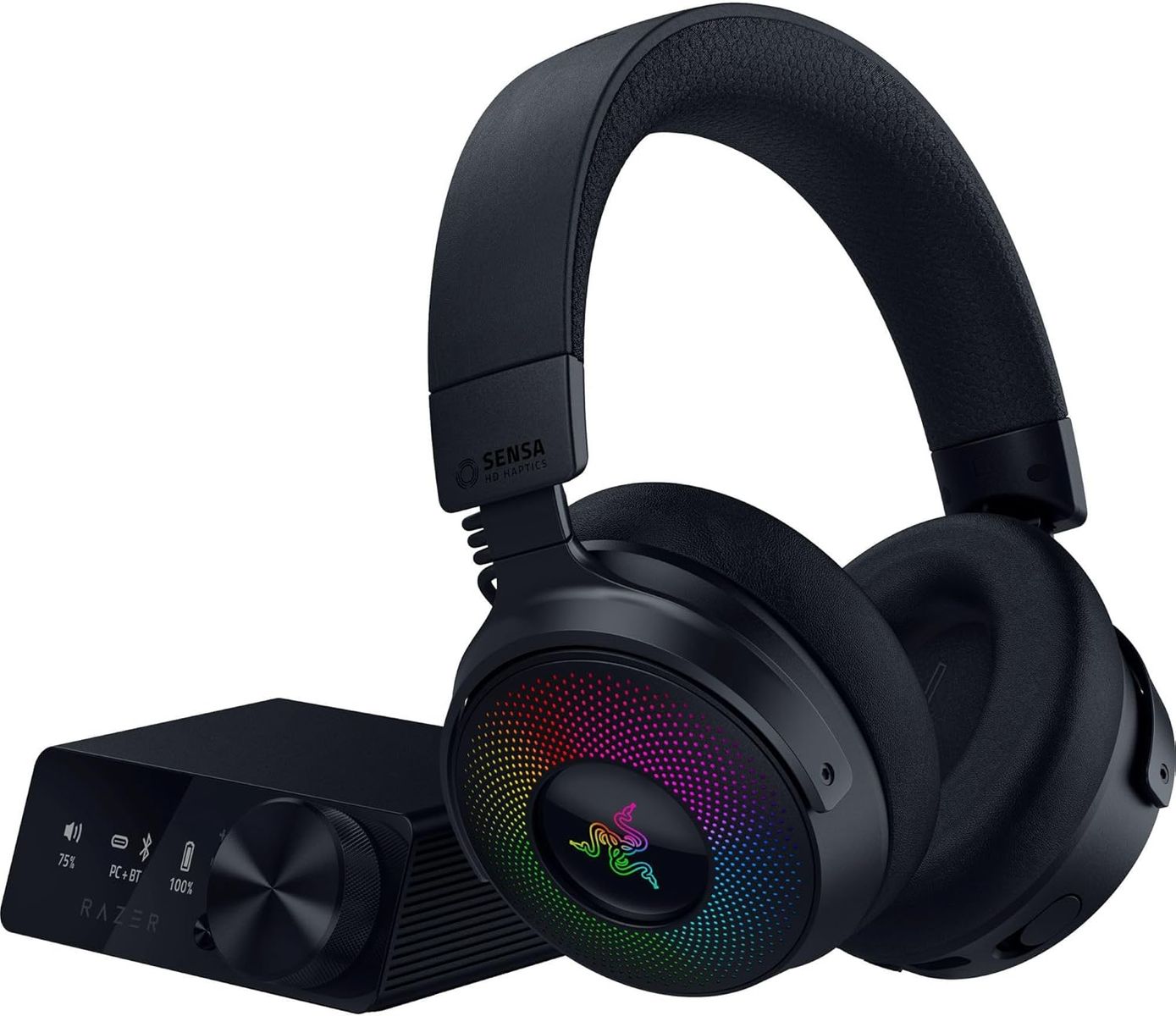 Razer Kraken V4 Pro - Kabelloses Gaming-Headset mit Control Hub Sensa HD-Haptik (OLED-Control-Hub, Triforce 40mm Treiber, HyperSpeed & Bluetooth, THX Spatial Audio, RGB) Schwarz