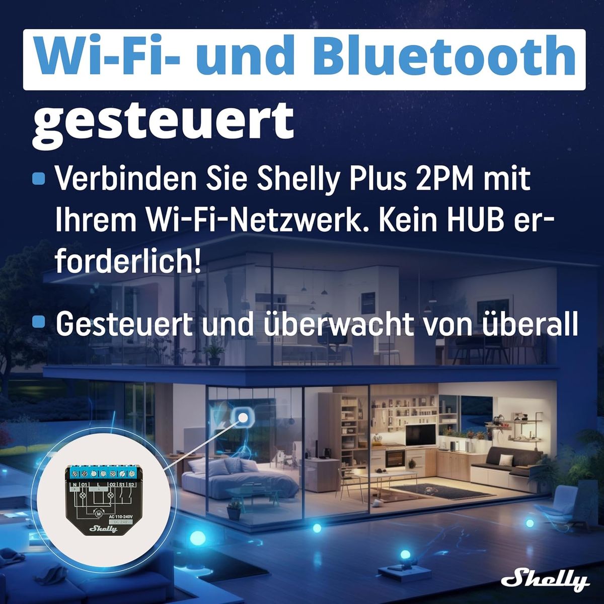 Shelly Plus 2PM Smart Relais 2-Kanal Unterputz, Rolladen-/Jalousiesteuerung mit Strommessung, WLAN, Alexa & Google Home, iOS & Android App