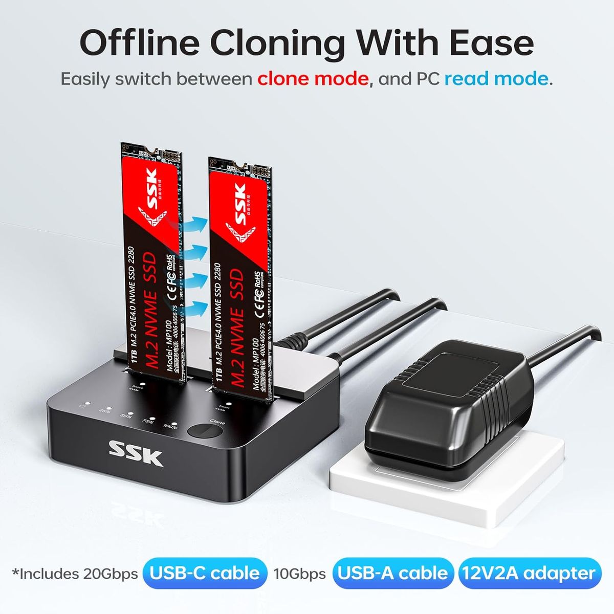 SSK DK201 Dual NVMe M.2 SSD Dockingstation, USB 3.2 Gen 2x2 20 Gbit/s, 2-Bay, NVMe-Kloner, werkzeuglos, M-Key & B+M, inkl. USB-C & USB-A Kabel, schwarz
