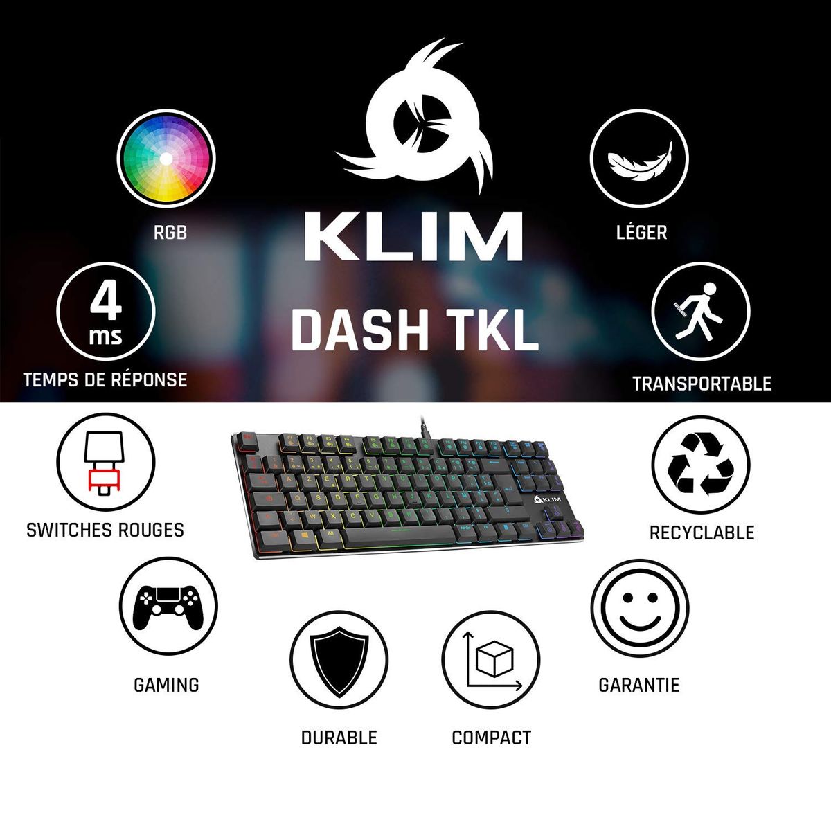 KLIM Dash TKL Mechanische Tastatur mit RGB-Beleuchtung (FRA Layout - AZERTY)