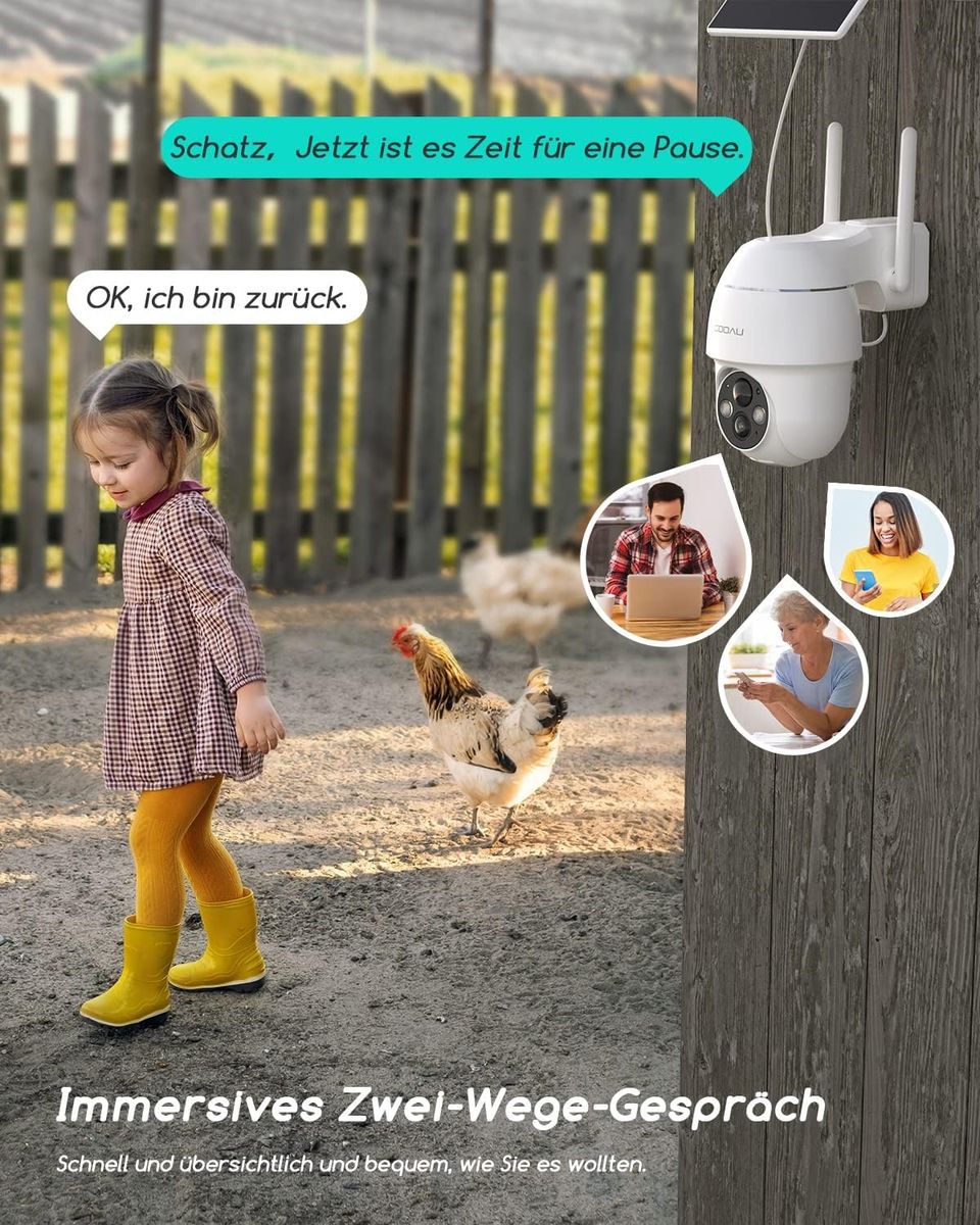 COOAU Überwachungskamera Aussen Solar Akku, 2K PTZ 355°/90° Kabellos WLAN IP Kamera ​Outdoor mit PIR Bewegungsmelder, Farbige Nachtsicht，Spotlight，IP66 ,2-Wege-Audio, Cloud-Speicher Weiß