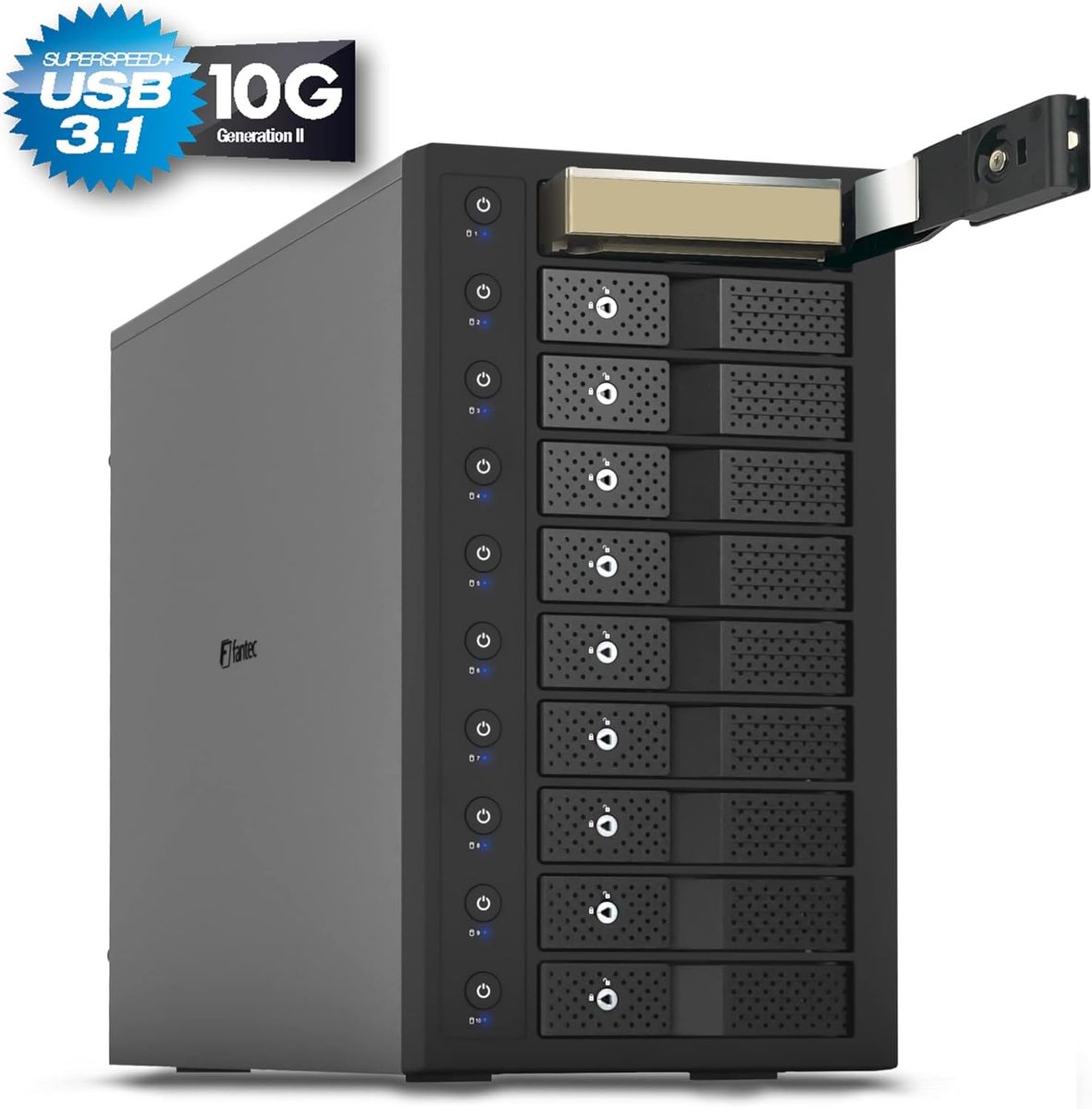 FANTEC 10-Fach Festplattengehäuse USB-C 3.1 Gen2 10G für den Einbau von 10x 3,5/2,5 Zoll SATA I/II/III HDDs/SSDs. Trägerlos, einzeln EIN/ausschalten, verriegelbar, 2X USB Kabel. Metallgehäuse schwarz