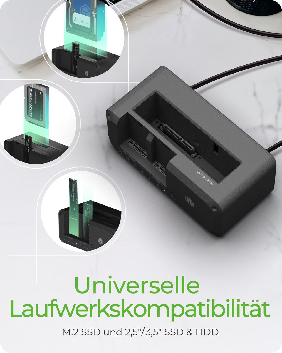 ICY BOX IB-2924MSCL-C31 Dockingstation & CloneStation, 3x HDD/SSD/M.2 NVMe, klont 2,5/3,5" zu M.2 NVMe, USB 3.2 Gen 2 10 Gbit/s, SATA/M.2, schwarz, EU