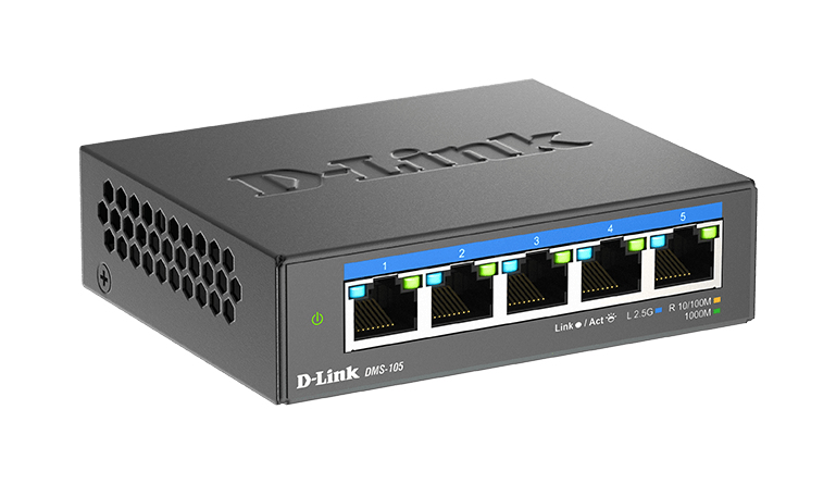 D-Link DMS-105/E 5-Port 2,5G Multi-Gigabit Desktop Switch, Unmanaged L2, Metallgehäuse, lüfterlos, DC 12V Netzteil, QoS, IGMP-Snooping