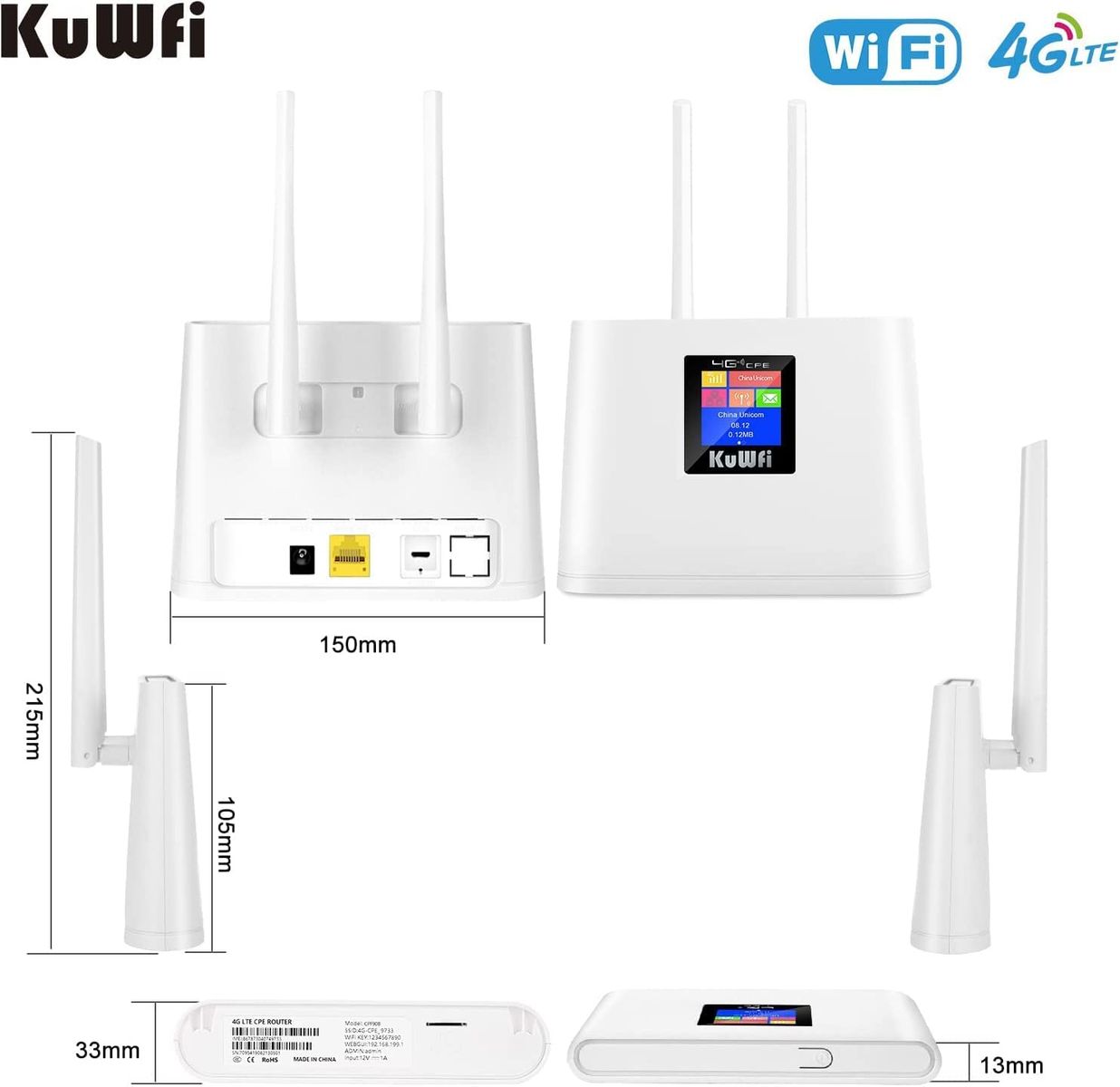 ‎KuWFi 4g LTE Router SIM Karte KuWFi 300Mbps Wireless WLAN Router SIM-Steckplatz Für Zuhause/Büro Unterstützt B1/B3/B5/B7/B8/B20 Unterstützt 10-20 WiFi-Benutzer