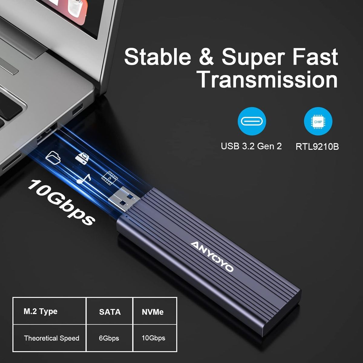 ANYOYO M.2 NVME SATA SSD Gehäuse, USB 3.2 Gen 2 10Gbps Solid State Drive Gehäuse für 2242 2260 2280 M.2 NVME/SATA SSD mit M-Key oder M+B Key (Support UASP, Plug and Play)