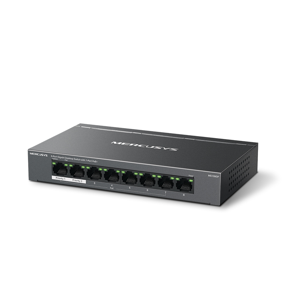 Mercusys MS108GP 8-Port Gigabit Desktop Switch with 7-Port PoE+ up to 250 Meter Black v1.0