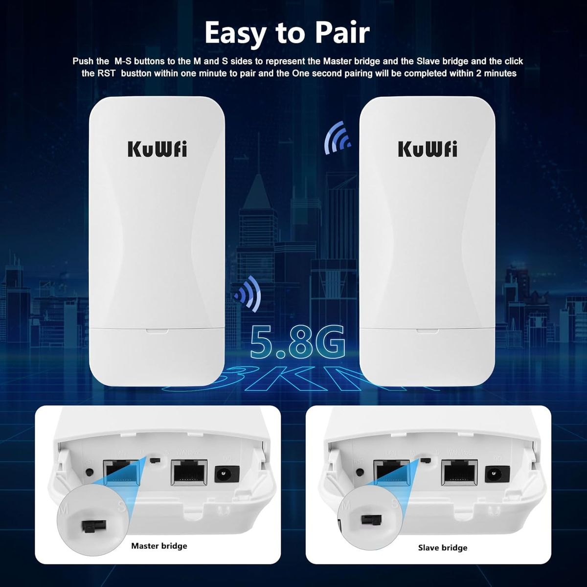 KuWFi WB-5G03 Outdoor Gigabit-WLAN-Bridge, 5,8 GHz, 3 km Reichweite, CPE, 900 Mbps, Gigabit-Ports, 48 V PoE, 14 dBi Antenne, Bridge für IP-Kamera NVR CCTV, EU