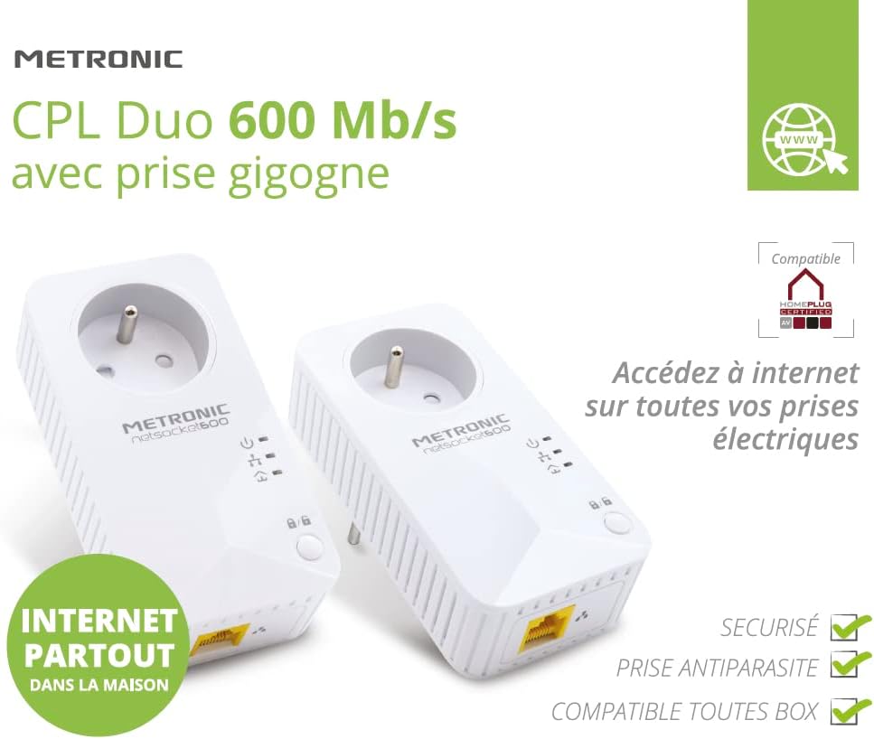 Metronic 495467 Netsocket Duo Powerline CPL-Steckdose, 600 Mbit/s, 1× Fast Ethernet 100 Mbit/s, Steckdose Typ E (FR)