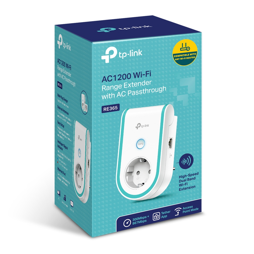 TP-Link RE365 (EU) V3.0 AC1200 Dualband WLAN-Repeater mit Steckdose, 2,4/5 GHz 300+867 Mbit/s, 1x LAN, Tether-App, weiß